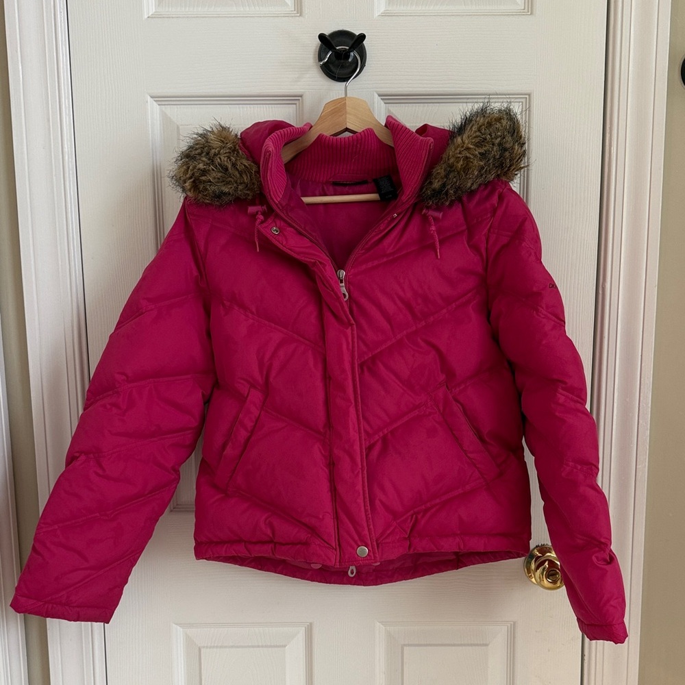 DKNY Pink Puffer Jacket with Faux Fur Hood